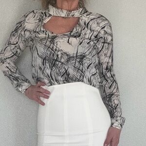 Astr Black and White Blouse with Mandarin Collar and Cut Out Design